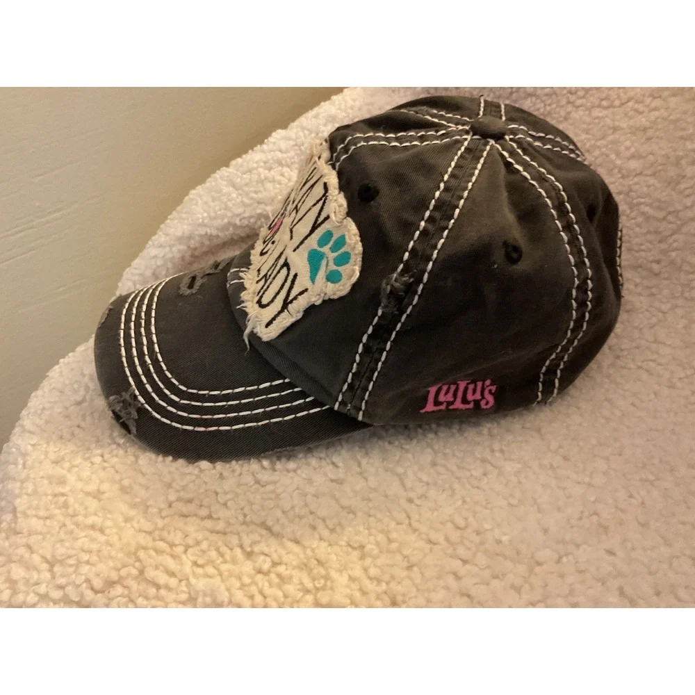 Lulu's Crazy Dog Lady Distressed Baseball Hat Gray Contrast Stitch Embroidered